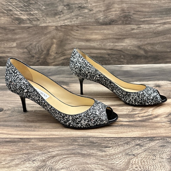 Jimmy Choo Isabel Coarse Glitter Fabric Silver/Black peep toe kitten heel EU 38 - Picture 5 of 14